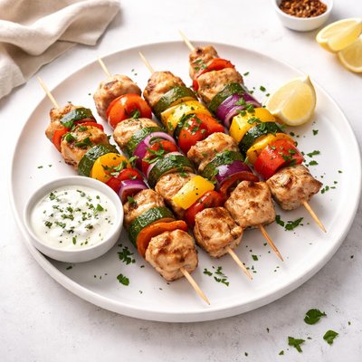 Image of Grilled Chicken Veggie Kabobs with Greek Yogurt Sauce