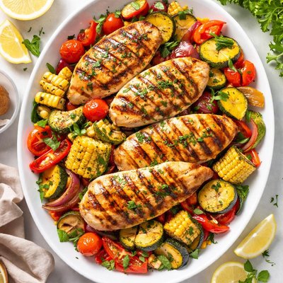 Image of Grilled Chicken with Savory Summer Vegetables