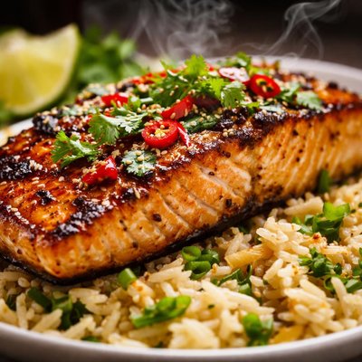 Image of Grilled Chilli Cilantro Salmon with Ginger Rice