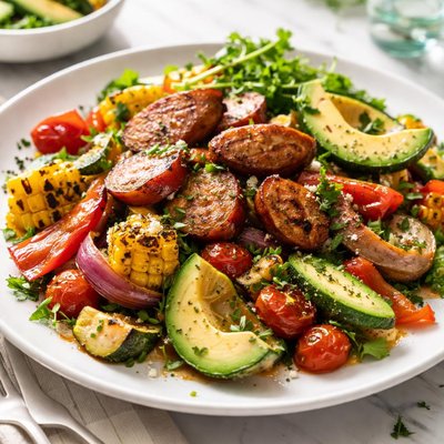 Image of Chorizo vegetariano a la parrilla con verduras carbonizadas.