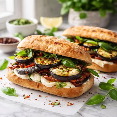 Image of Grilled Eggplant Aubergine and Mozzarella Sandwiches