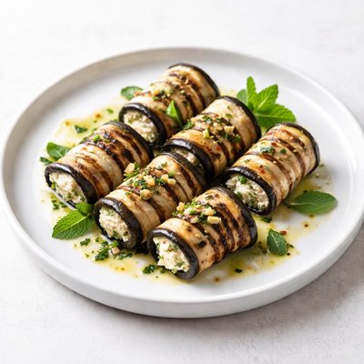 Image of Grilled Eggplant Rolls with Mint and Garlic Dressing