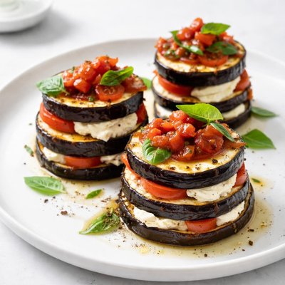 Image of Grilled Eggplant Stacks with Goat Cheese Tomato and Basil Sauce
