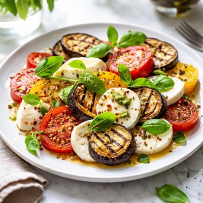 Image of Grilled Eggplant Tomato and Mozzarella Salade