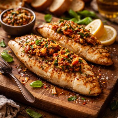 Image of Grilled Fish with a Sun Dried Basil Tomato Butter