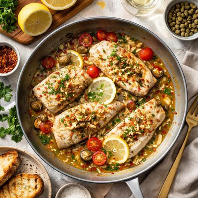 Image of Grilled Fish with Garlic White Wine and Butter Sauce