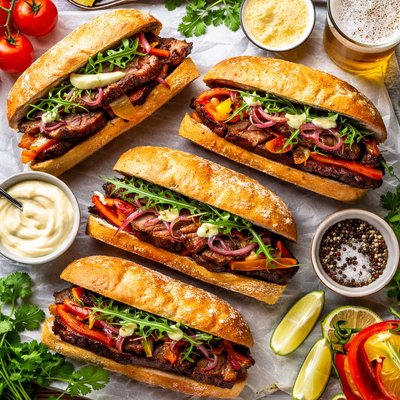 Image of Grilled Flank Steak Onion and Bell Pepper Sandwiches