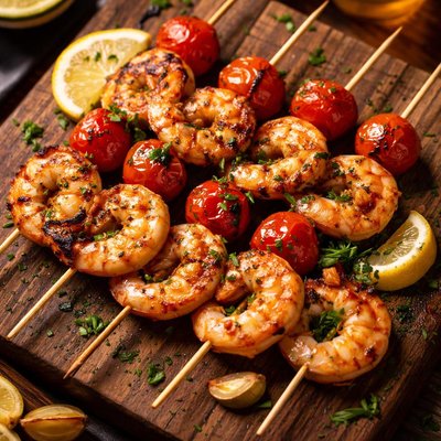Image of Grilled Garlic Jumbo Shrimp and Cherry Tomato Skewers