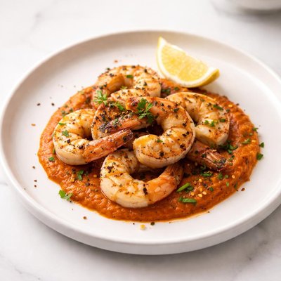 Image of Grilled Garlic Shrimp with Romesco Sauce