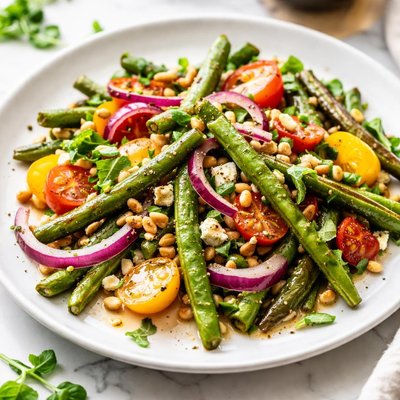 Image of Grilled Green Bean Salad with Red Onions and Tomatoes