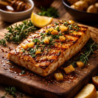 Image of Grilled Halibut Marinated and Apple Honey Glazed