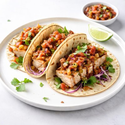 Image of Grilled Halibut Tacos with Roasted Tomato Tequila Salsa