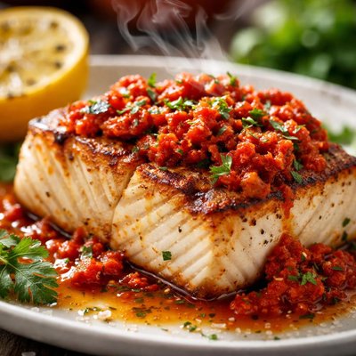 Image of Grilled Halibut with Grilled Red Pepper Harissa