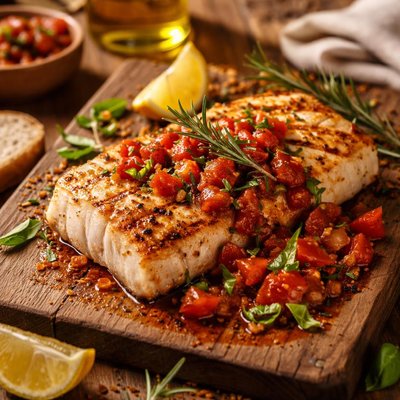 Image of Grilled Halibut with Rosemary and Tomato Basil Sauce