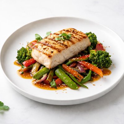 Image of Grilled Halibut with Tamarind Stir Fried Vegetables