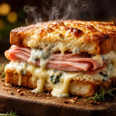Image of Grilled Ham and Blue Cheese Sandwich Croque Monsieur