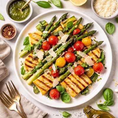 Image of Grilled Herb Polenta with Asparagus Tomatoes and Parmesan