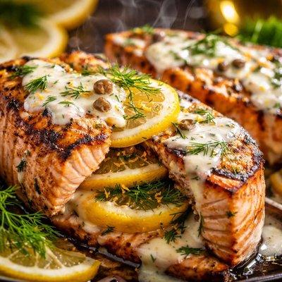 Image of Grilled Lemon Stuffed Salmon Steaks with Lemon Dill Sauce
