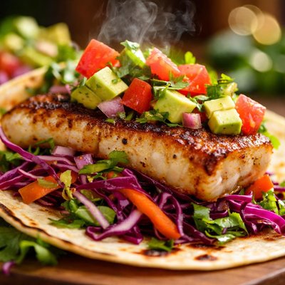 Image of Grilled Mahi Mahi Taco Red Cabbage Slaw Tomato Avocado Salsa