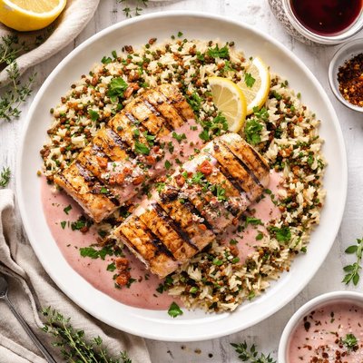 Image of Grilled Mahi Mahi W Wild Rice and Creamy Red Wine Sauce