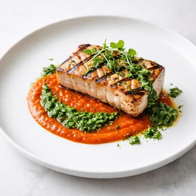 Image of Grilled Mahi Mahi with Roasted Pepper Sauce and Cilantro Pesto