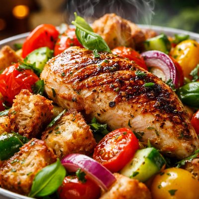 Image of Grilled Marinated Chicken with Tomato Bread Salad Panzanella