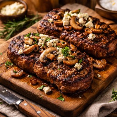 Image of Grilled Marinated Steaks with Mushrooms and Blue Cheese