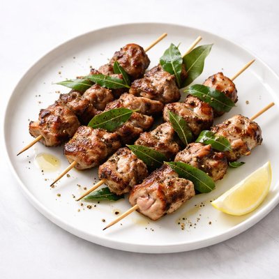Image of Grilled Meat Skewers with Bay Leaves