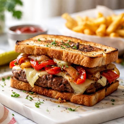 Image of Grilled Monterey Burger Melt with Red Peppers and Onions Rsc