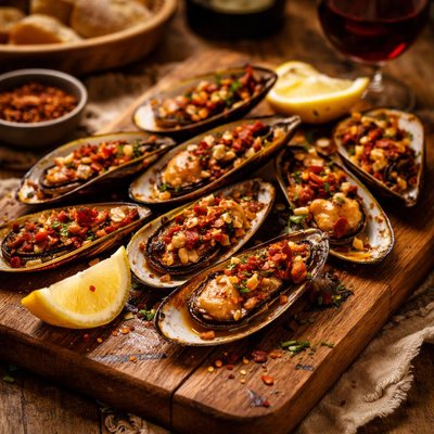 Image of Grilled Mussels with Red Wine and Chorizo