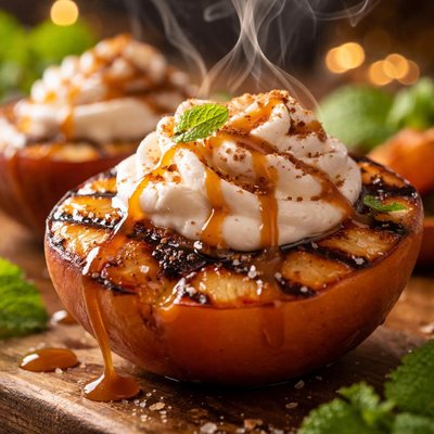 Image of Grilled Peaches with Whipped Cream and Caramel
