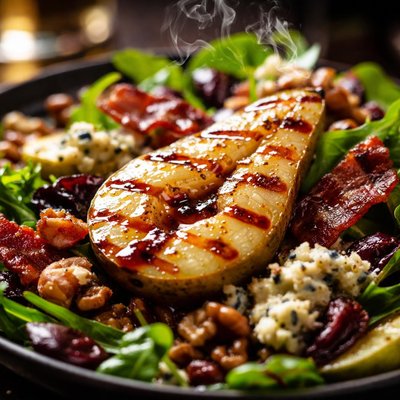 Image of Grilled Pear Salad with Bacon Roquefort and Port Vinaigrette