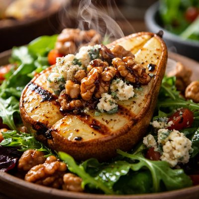 Image of Grilled Pears with Gorgonzola Walnuts Vinaigrette Salad