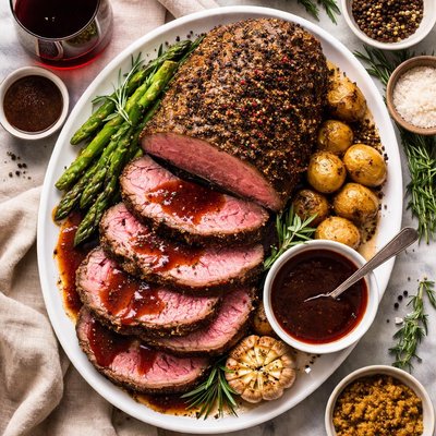 Image of Grilled Peppercorn Crusted Roast Beef with Port Wine Sauce