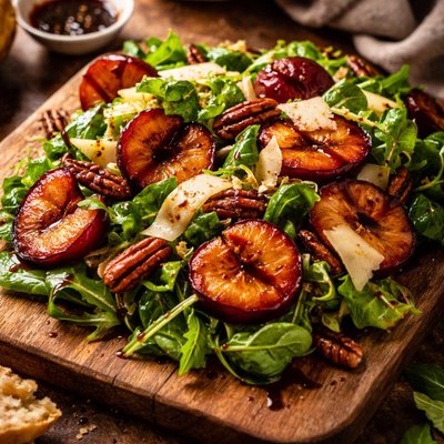 Image of Grilled Plum Salad with Aged Gouda and Pecans