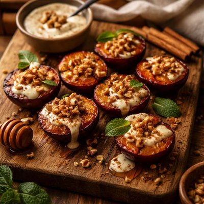 Image of Grilled Plums with Spiced Walnut Yogurt Sauce