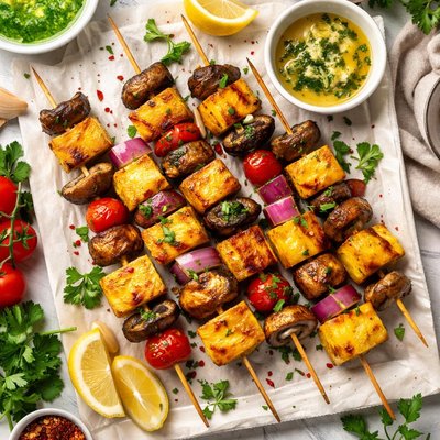 Image of Grilled Polenta Skewers with Butter Basted Mushrooms