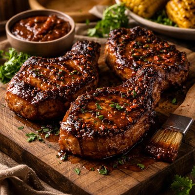 Image of Grilled Pork Chops with Chipotle Honey Barbecue Sauce