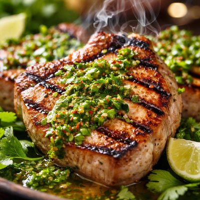 Image of Grilled Pork Chops with Cilantro Lime Vinaigrette
