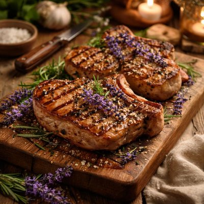 Image of Grilled Pork Chops with Lavender Flowers