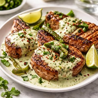 Image of Grilled Pork Chops with Poblano Cream Sauce