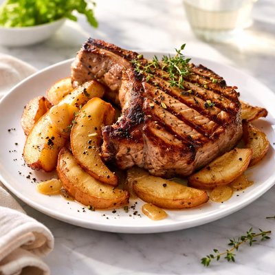 Image of Grilled Pork Chops with Vanilla Scented Apples