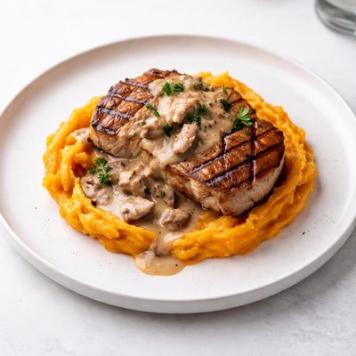 Image of Grilled Pork Sirloin with Marsala Cream Sauce and Mashed Kumara