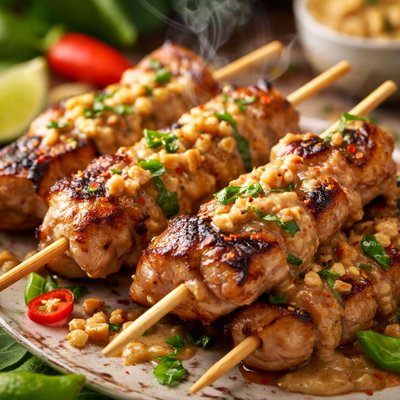 Image of Grilled Pork Skewers with Peanut Basil Sauce