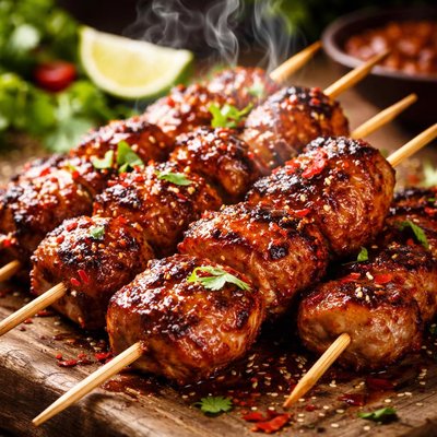 Image of Grilled Pork Skewers with Smoked Red Curry Bbq Sauce