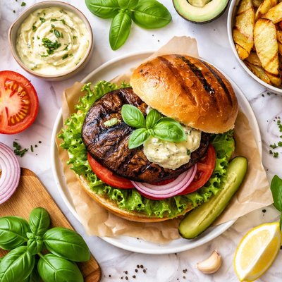 Image of Grilled Portabella Burger with Basil Mayonnaise