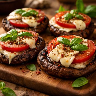 Image of Grilled Portabella Mushrooms with Tomatoes and Fresh Mozzarella