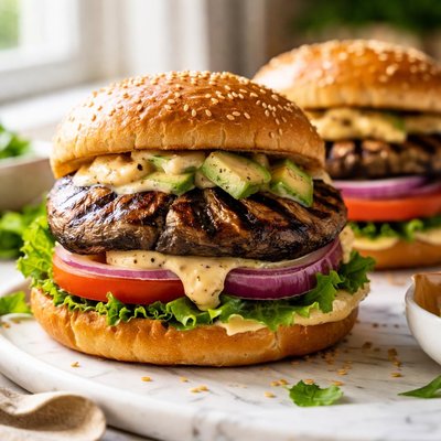 Image of Grilled Portobello Burgers with Creamy Dijon Sauce