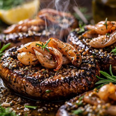 Image of Grilled Portobello Mushrooms Shallots with Rosemary Dijon