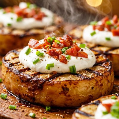 Image of Grilled Potato Steaks with Bacon Sour Cream and Chives
